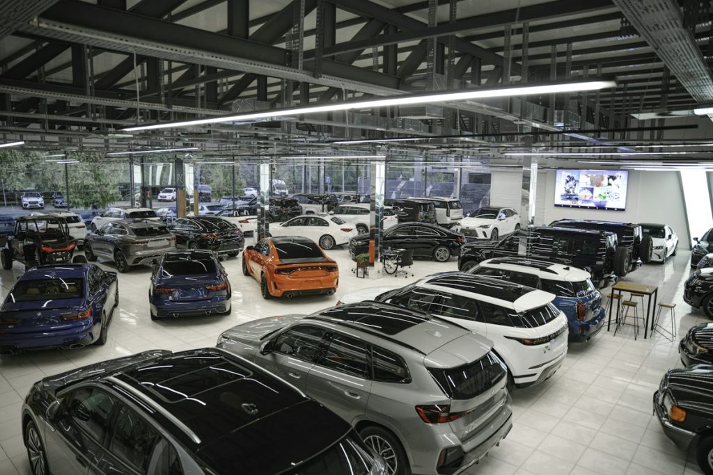 Cars parked in a garage